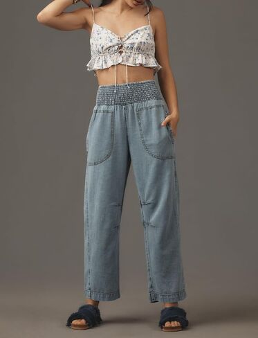 LifeShe Women Wide Leg Baggy Jeans Smocked High Waist Barrel Jean Y2K Boyfriend Denim Pants with Pockets in Saudi Arabia