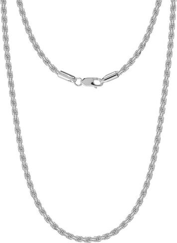 LeCalla Solid 925 Sterling Silver Italian 2 MM, 3 MM Diamond-Cut Braided Rope Chain Necklace for Men Women with Lobster Claw Clasp, Made in Italy (18, 20, 22, 24, 26 Inches) in Saudi Arabia