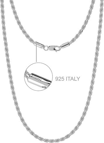 LeCalla Solid 925 Sterling Silver Italian 2 MM, 3 MM Diamond-Cut Braided Rope Chain Necklace for Men Women with Lobster Claw Clasp, Made in Italy (18, 20, 22, 24, 26 Inches) in Saudi Arabia