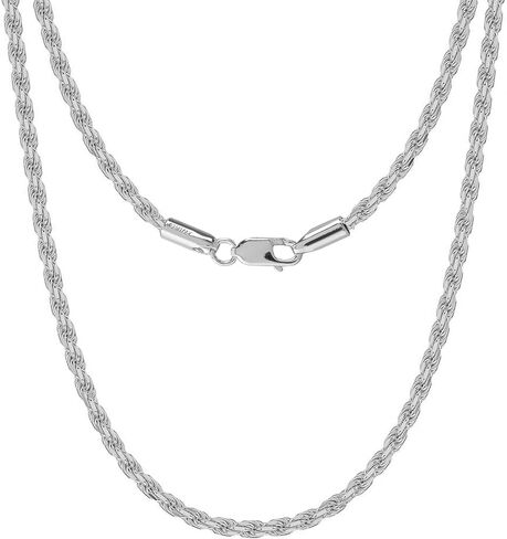قلادة LeCalla الصلبة 925 من الفضة الإسترليني الإيطالية 2 مم، 3 مم من حبل مضفر بقطع الماس للرجال والنساء مع مشبك مخلب جراد البحر، صنع في إيطاليا (18، 20، 22، 24، 26 بوصة) in Kuwait