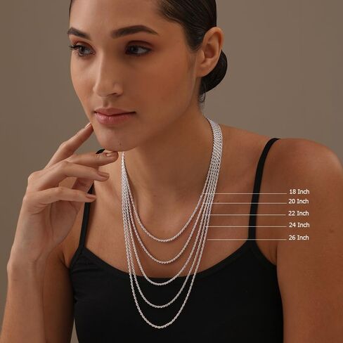 قلادة LeCalla الصلبة 925 من الفضة الإسترليني الإيطالية 2 مم، 3 مم من حبل مضفر بقطع الماس للرجال والنساء مع مشبك مخلب جراد البحر، صنع في إيطاليا (18، 20، 22، 24، 26 بوصة) in Kuwait