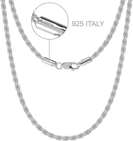 قلادة LeCalla الصلبة 925 من الفضة الإسترليني الإيطالية 2 مم، 3 مم من حبل مضفر بقطع الماس للرجال والنساء مع مشبك مخلب جراد البحر، صنع في إيطاليا (18، 20، 22، 24، 26 بوصة) in Kuwait