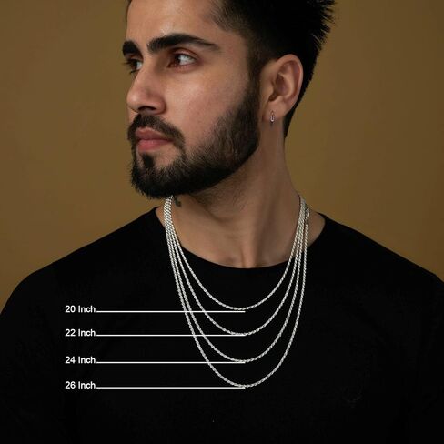 قلادة LeCalla الصلبة 925 من الفضة الإسترليني الإيطالية 2 مم، 3 مم من حبل مضفر بقطع الماس للرجال والنساء مع مشبك مخلب جراد البحر، صنع في إيطاليا (18، 20، 22، 24، 26 بوصة) in Kuwait