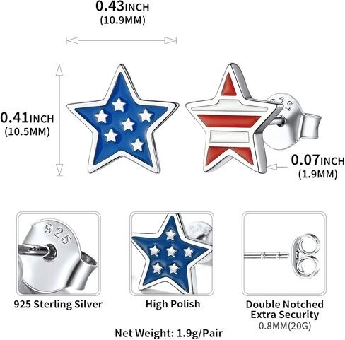 ChicSilver أقراط العلم الأمريكي للنساء والفتيات 925 الفضة الاسترليني 4th من يوليو الأقراط الوطنية هيبوالرجينيك ستار القلب مسمار هدايا مجوهرات عيد الاستقلال in Kuwait