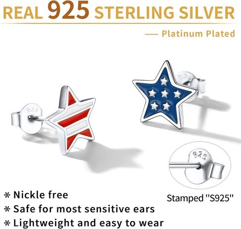 ChicSilver أقراط العلم الأمريكي للنساء والفتيات 925 الفضة الاسترليني 4th من يوليو الأقراط الوطنية هيبوالرجينيك ستار القلب مسمار هدايا مجوهرات عيد الاستقلال in Kuwait