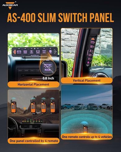 لوحة مفاتيح Auxbeam 4 Gang Slim Switch Bluetooth RGB AS-400 مع التطبيق وجهاز التحكم عن بعد تبديل مؤقت نابض التبديل Pod Off الإضاءة الخلفية لشاحنة الطرق الوعرة UTV ATV Car Marine 12-24V مقاومة للماء ضمان لمدة عامين in Kuwait