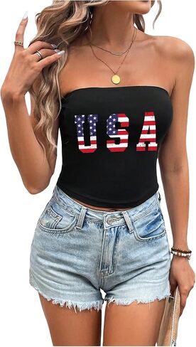 GORGLITTER Women's 4th of July Tops Sexy American Flag Print Strapless Bandeau Crop Top in Saudi Arabia