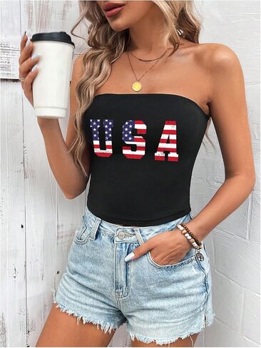 GORGLITTER Women's 4th of July Tops Sexy American Flag Print Strapless Bandeau Crop Top in Saudi Arabia