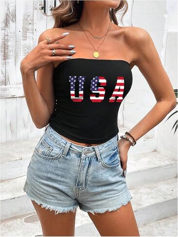 GORGLITTER Women's 4th of July Tops Sexy American Flag Print Strapless Bandeau Crop Top in Saudi Arabia