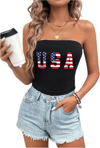 GORGLITTER Women's 4th of July Tops Sexy American Flag Print Strapless Bandeau Crop Top in Saudi Arabia