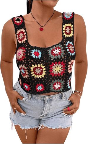 WDIRARA Women's Plus Size Boho Handmade Crochet Tank Top Floral Sleeveless Knit Beach Crop Top in Saudi Arabia