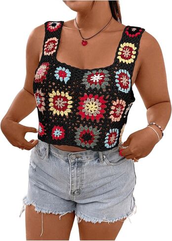 WDIRARA Women's Plus Size Boho Handmade Crochet Tank Top Floral Sleeveless Knit Beach Crop Top in Saudi Arabia