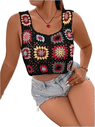 WDIRARA Women's Plus Size Boho Handmade Crochet Tank Top Floral Sleeveless Knit Beach Crop Top in Saudi Arabia