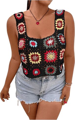 WDIRARA Women's Plus Size Boho Handmade Crochet Tank Top Floral Sleeveless Knit Beach Crop Top in Saudi Arabia