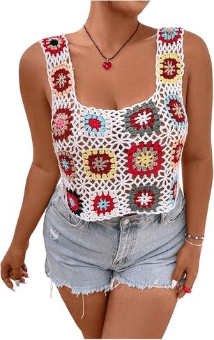 WDIRARA Women's Plus Size Boho Handmade Crochet Tank Top Floral Sleeveless Knit Beach Crop Top in Saudi Arabia