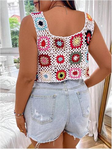WDIRARA Women's Plus Size Boho Handmade Crochet Tank Top Floral Sleeveless Knit Beach Crop Top in Saudi Arabia