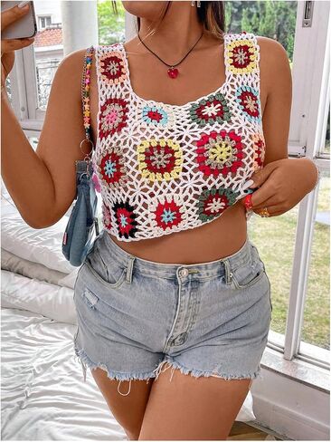 WDIRARA Women's Plus Size Boho Handmade Crochet Tank Top Floral Sleeveless Knit Beach Crop Top in Saudi Arabia