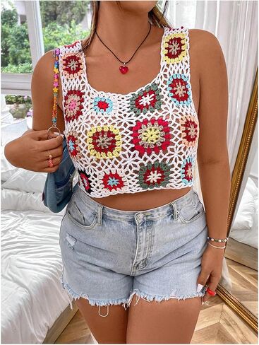 WDIRARA Women's Plus Size Boho Handmade Crochet Tank Top Floral Sleeveless Knit Beach Crop Top in Saudi Arabia