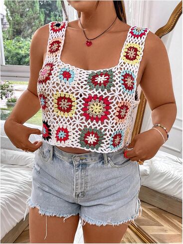 WDIRARA Women's Plus Size Boho Handmade Crochet Tank Top Floral Sleeveless Knit Beach Crop Top in Saudi Arabia