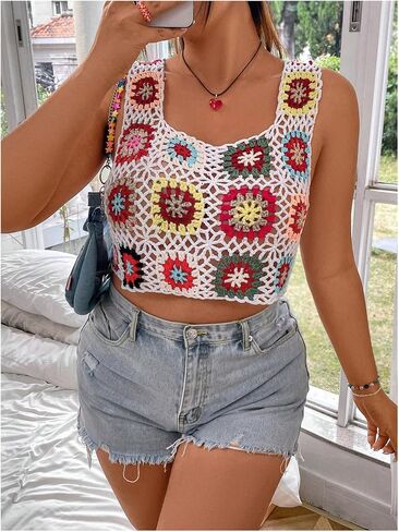 WDIRARA Women's Plus Size Boho Handmade Crochet Tank Top Floral Sleeveless Knit Beach Crop Top in Saudi Arabia