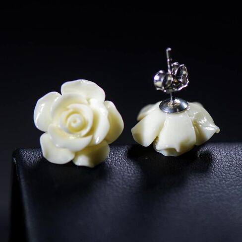 Boho Petal Stud Earrings 925 Sterling Silver Romantic Delicate Black White Red Floral Blooming 3D Carved 14MM Rose Flower -Statement Exaggerated Floral Earrings for Women and Ladies Lightweight in Kuwait