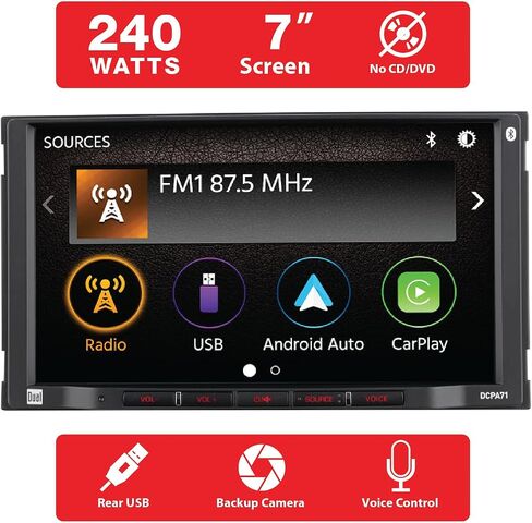 Dual Electronics DCA73W-BC 7-inch Certified Apple CarPlay Android Auto Wired or Wireless | Double DIN Touchscreen Car Stereo Radio | Bluetooth | Backup Camera Included | USB Playback & Charge in Kuwait
