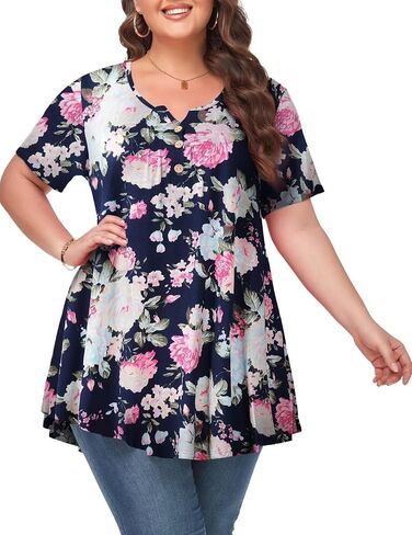MONNURO Womens Plus Size Tops Short Sleeve Henley Shirts V Neck Button Up 2023 Casual Summer Blouses in Saudi Arabia