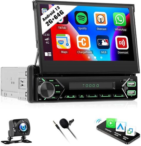 (Auto Flip Out) Single Din Car Stereo Screen with Wireless Carplay Android Auto 7 Inch Touch Screen Car Stereo with Bluetooth Mirror Link FM AUX MIC Steering Wheel Control 7 Color Lights in Saudi Arabia