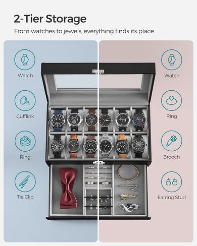 صندوق ساعة SONGMICS مكون من 12 فتحة وحزمة صندوق ساعة مكونة من 3 طبقات، علبة ساعة قابلة للقفل مع غطاء زجاجي، علبة ساعة قابلة للتكديس 8 فتحات، فكرة هدية، سطح أسود بالحبر، بطانة رمادية وسوداء بالحبر UJWB012 وUJWB021B01 in Kuwait