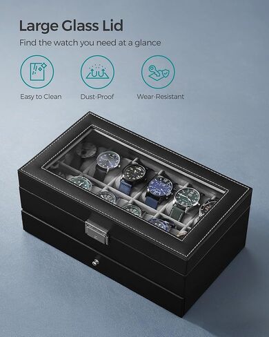 صندوق ساعة SONGMICS مكون من 12 فتحة وحزمة صندوق ساعة مكونة من 3 طبقات، علبة ساعة قابلة للقفل مع غطاء زجاجي، علبة ساعة قابلة للتكديس 8 فتحات، فكرة هدية، سطح أسود بالحبر، بطانة رمادية وسوداء بالحبر UJWB012 وUJWB021B01 in Kuwait