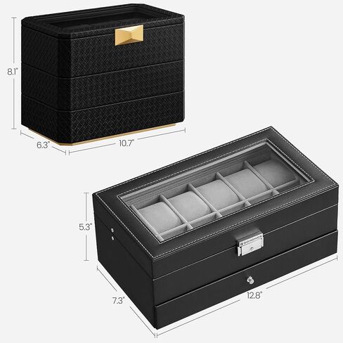 صندوق ساعة SONGMICS مكون من 12 فتحة وحزمة صندوق ساعة مكونة من 3 طبقات، علبة ساعة قابلة للقفل مع غطاء زجاجي، علبة ساعة قابلة للتكديس 8 فتحات، فكرة هدية، سطح أسود بالحبر، بطانة رمادية وسوداء بالحبر UJWB012 وUJWB021B01 in Kuwait
