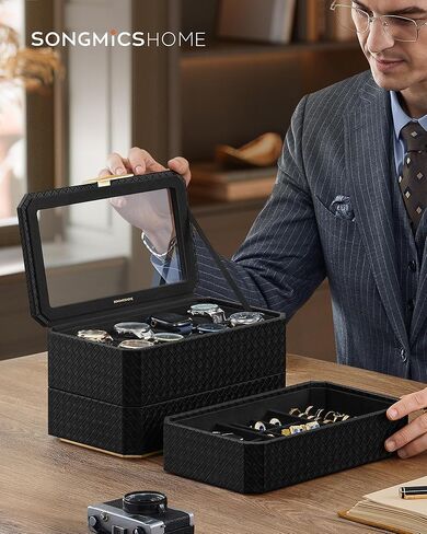 صندوق ساعة SONGMICS مكون من 12 فتحة وحزمة صندوق ساعة مكونة من 3 طبقات، علبة ساعة قابلة للقفل مع غطاء زجاجي، علبة ساعة قابلة للتكديس 8 فتحات، فكرة هدية، سطح أسود بالحبر، بطانة رمادية وسوداء بالحبر UJWB012 وUJWB021B01 in Kuwait