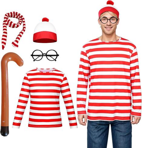 Adult Men Red and White Striped Long Sleeve Tee Shirt Funny Halloween Costumes Cosplay Sweatshirt 5 PCS Set in Saudi Arabia