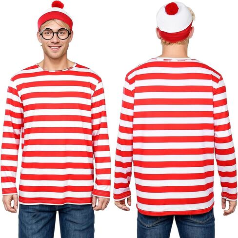 Adult Men Red and White Striped Long Sleeve Tee Shirt Funny Halloween Costumes Cosplay Sweatshirt 5 PCS Set in Saudi Arabia