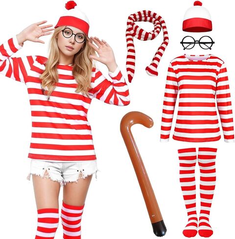 Adult Men Red and White Striped Long Sleeve Tee Shirt Funny Halloween Costumes Cosplay Sweatshirt 5 PCS Set in Saudi Arabia