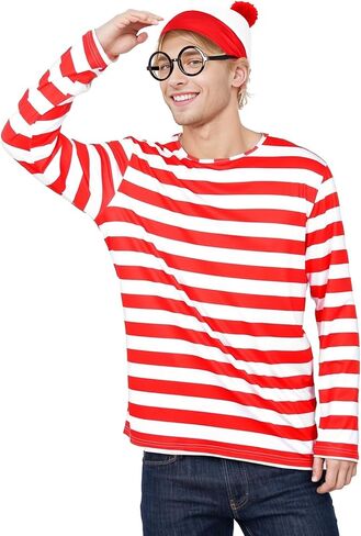 Adult Men Red and White Striped Long Sleeve Tee Shirt Funny Halloween Costumes Cosplay Sweatshirt 5 PCS Set in Saudi Arabia