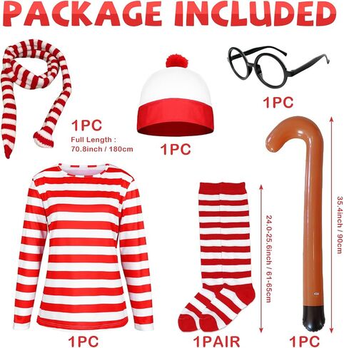 Adult Men Red and White Striped Long Sleeve Tee Shirt Funny Halloween Costumes Cosplay Sweatshirt 5 PCS Set in Saudi Arabia