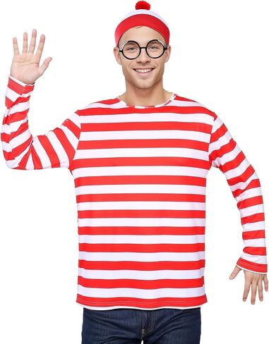 Adult Men Red and White Striped Long Sleeve Tee Shirt Funny Halloween Costumes Cosplay Sweatshirt 5 PCS Set in Saudi Arabia