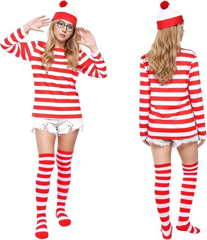 Adult Men Red and White Striped Long Sleeve Tee Shirt Funny Halloween Costumes Cosplay Sweatshirt 5 PCS Set in Saudi Arabia