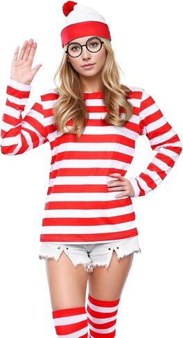 Adult Men Red and White Striped Long Sleeve Tee Shirt Funny Halloween Costumes Cosplay Sweatshirt 5 PCS Set in Saudi Arabia
