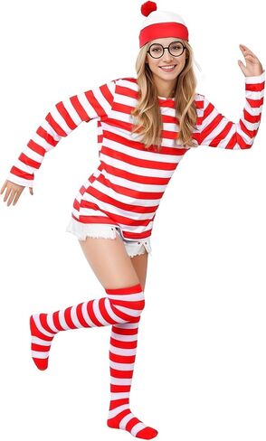 Adult Men Red and White Striped Long Sleeve Tee Shirt Funny Halloween Costumes Cosplay Sweatshirt 5 PCS Set in Saudi Arabia