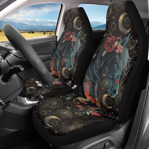 Talayituse Horse Hibiscus Print Car Front Seat Cover, Moon Star Design 2 Pack Stretchy Car Seat Cover Soft Bucket Vehicle Seat Protector, Polyester Comfortable Auto Seat Cushion for SUV Van Sedan in Saudi Arabia