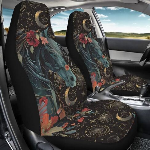 Talayituse Horse Hibiscus Print Car Front Seat Cover, Moon Star Design 2 Pack Stretchy Car Seat Cover Soft Bucket Vehicle Seat Protector, Polyester Comfortable Auto Seat Cushion for SUV Van Sedan in Saudi Arabia