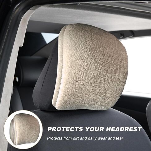 2PCS Car Seat Headrest Cover, Breathable Flexible Auto Head Rest Cover Winter Cozy Pad with Elastic Straps Buckle, Dustproof Headrest Protector Universal Fit to Car Truck SUV (Beige, Plush) in Kuwait