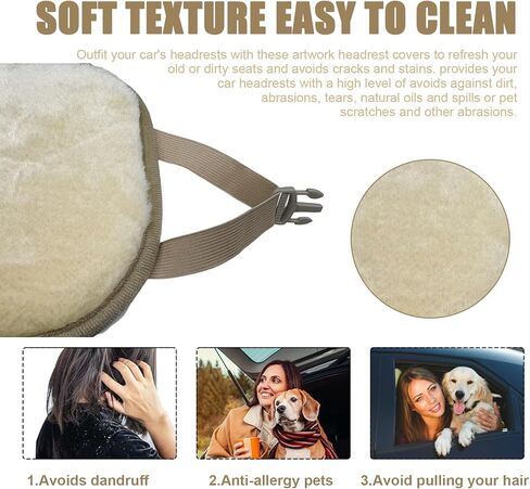 2PCS Car Seat Headrest Cover, Breathable Flexible Auto Head Rest Cover Winter Cozy Pad with Elastic Straps Buckle, Dustproof Headrest Protector Universal Fit to Car Truck SUV (Beige, Plush) in Kuwait