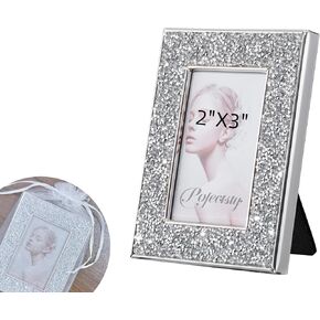 2x3 Inch Silver Mini Picture Frame, 3.3"x4.25" Glittery Mini Metal Wedding Picture frame with Picture Stroage Behind (Vertical)