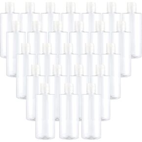 PINGEUI 24 Pack 8 Oz Clear Plastic Refillable Lotion Bottles, Plastic Empty Squeeze Bottles with Disc Top Flip Cap, BPA Free Travel Containers for Essential, Cream, Shampoo and Conditioner