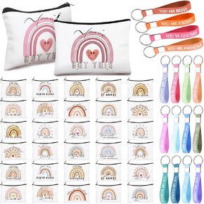 Hillban 64 Pieces Rainbow Cosmetic Bag Bulk Inspirational Valentine Gift for Women with 32 Motivational Quote Keychains and 32 Rainbow Canvas Makeup Pouch Bags for Women