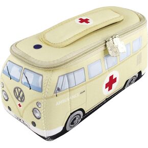 BRISA VW Collection - Volkswagen Neoprene Universal Makeup Cosmetics Toiletry Travel Pharmacy Bag in T1 Bus Design (Ambulance/Beige) (Large (11.8 x 5.5 x 4.7 inches))