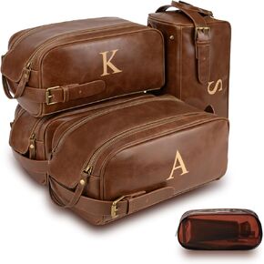 Toiletry Bags for Men Leather Travel Toiletry Bag With Engraved Initial Large Shaving & Dopp Kit Personalized Birthday Wedding Groomsmen Gifts for Men (NONE)